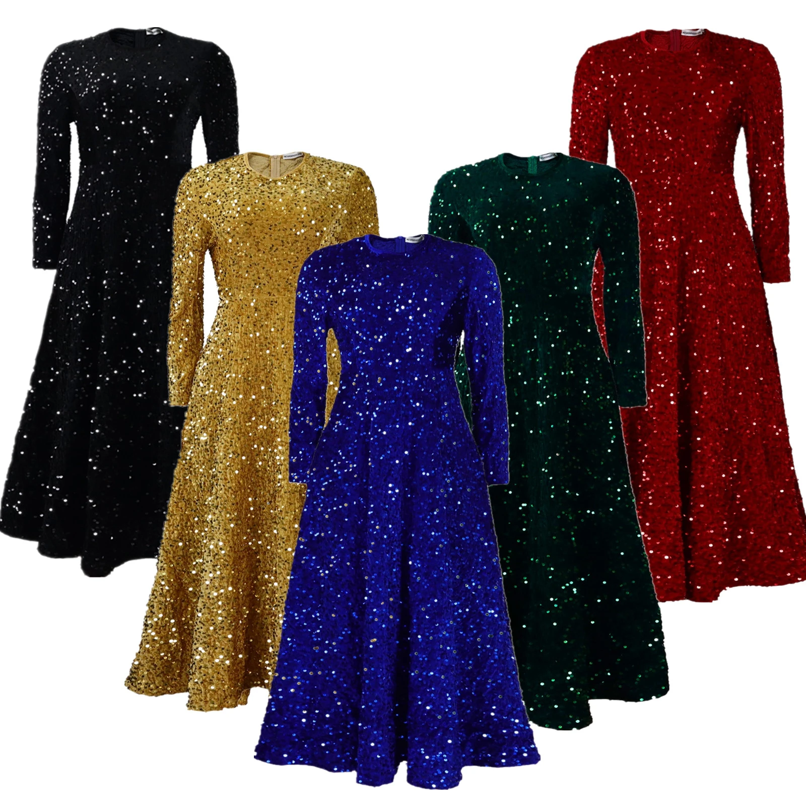 

Plus Size Women's Full Sequin Flare Midi Dress Long Sleeve Crew Neck Sparkly Formal Dress for Evening Party Guest Cocktail Prom