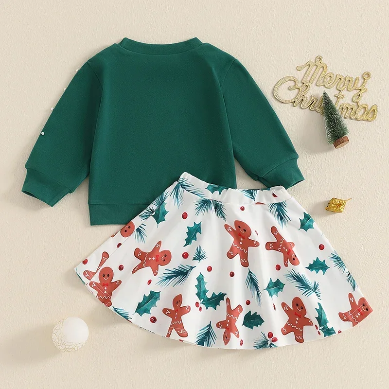 Kids Clothes Girls Christmas Outfit Long Sleeve Pearls Sweatshirt Gingerbread Man Print Skirt Set Xmas Outfit