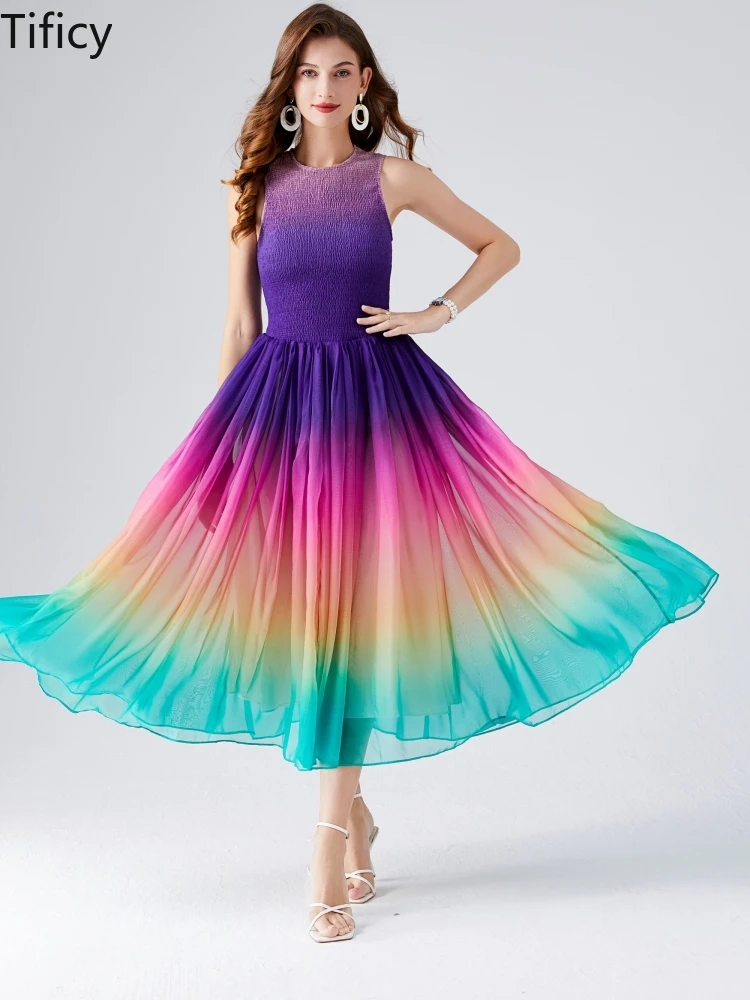 

TIFICY Holiday Gradient Color Rainbow Long Dress Women's Sleeveless O Neck Zipper Stretch Patchwork Chiffon Tank Party Dress