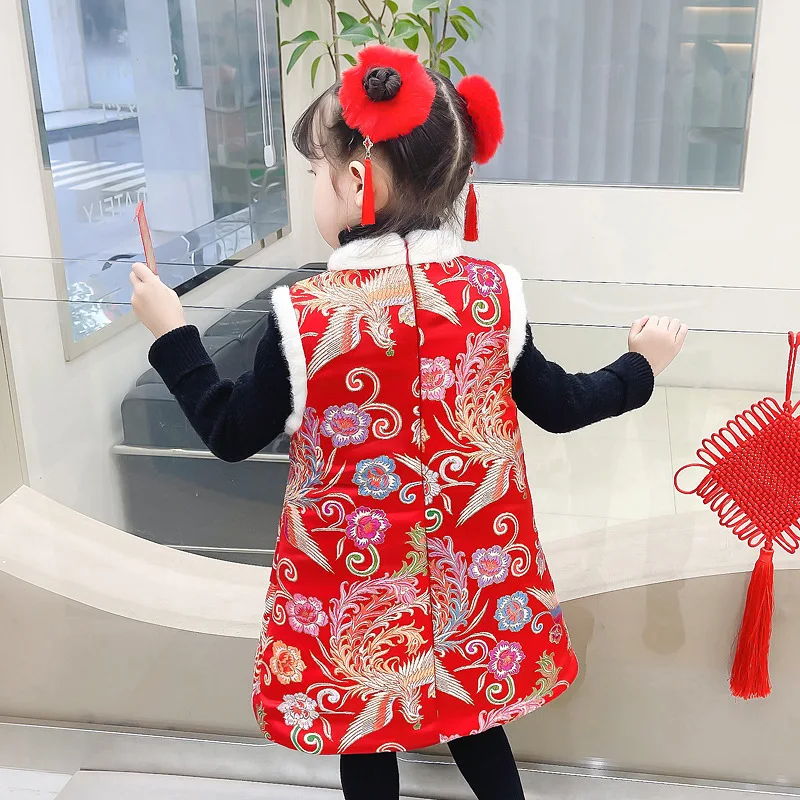 Winter New Girls' Qipao Dress Children's Tang Suit Velvet And Thick Sundress Chinese Style Happy New Year Clothes