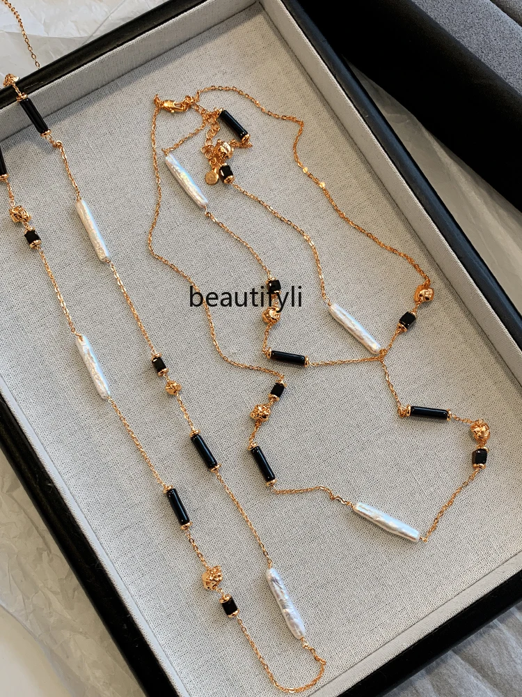 Obsidian Beaded Toothpick Pearl Necklace Women's Design Temperament Long Clavicle Chain