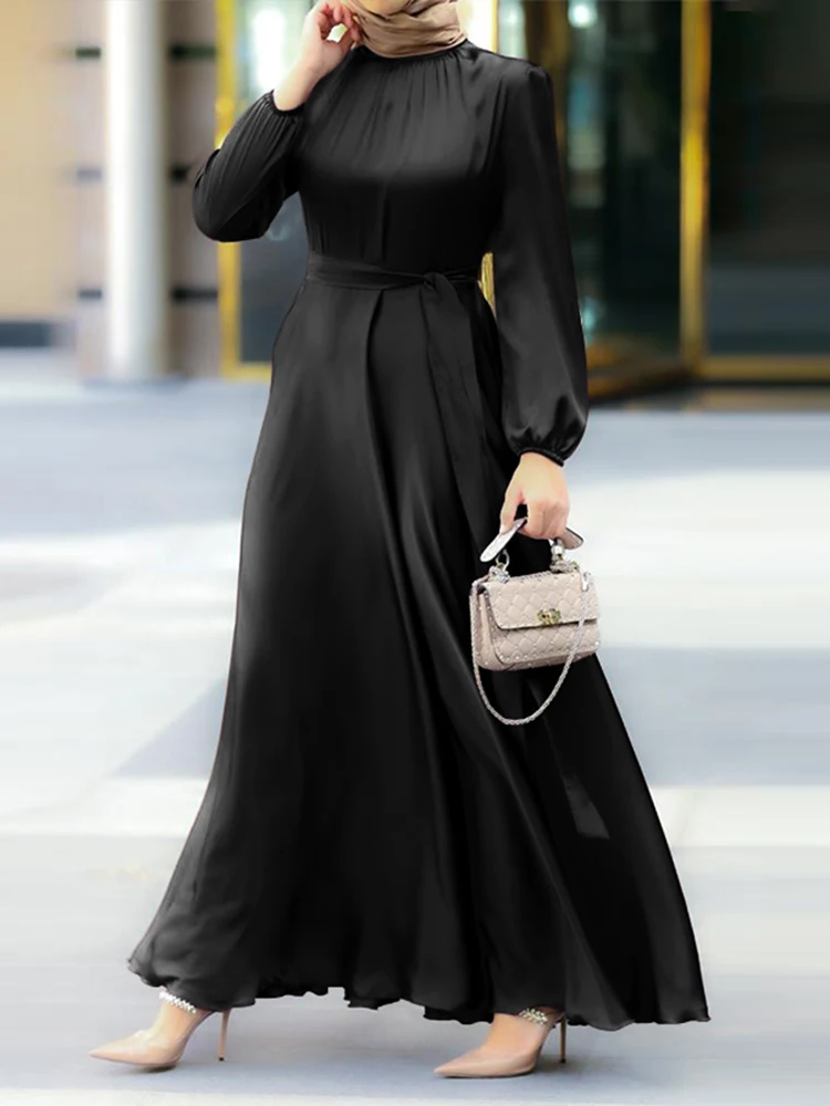 Vrouwen Moslim Party Solid Satin Maxi Jurk 2023 Lente Chic Elegante Bladerdeeg Mouw Gewaad Casual Holiday Swing Kaftan Ol dubai Abaya