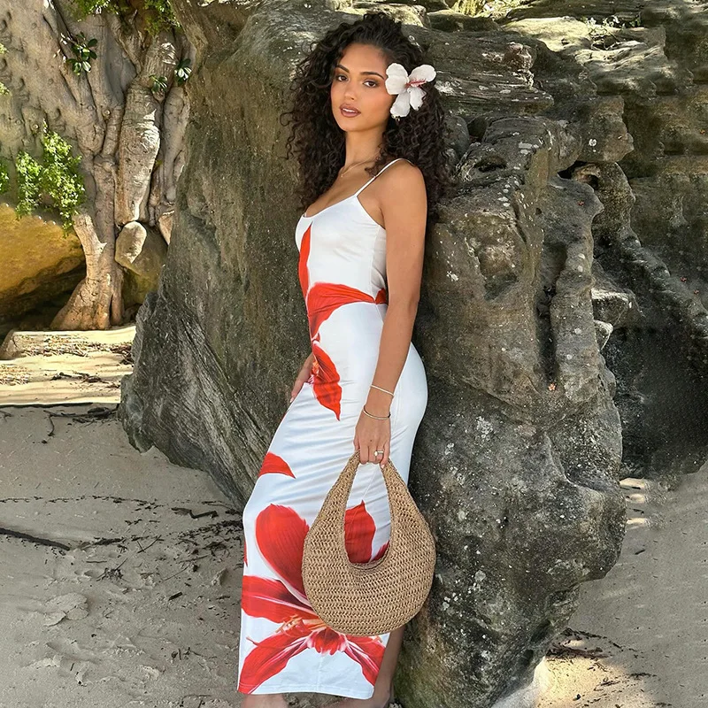 Robe Maxi à Bretelles Imprimées Florales, Slim Fit, Taille Haute, Dos Fendu, Éducatif, Plage, Vacances, Wlwear, Été, 2024