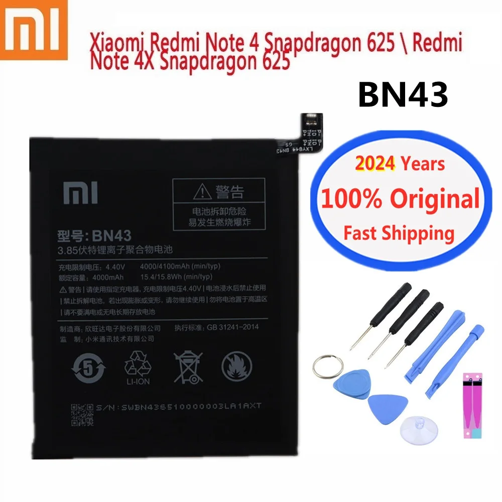 

2024 Year 4000mAh BN43 100% Original Battery For Xiaomi Redmi Note 4X / Note 4 Note4 Global Snapdragon 625 Phone Battery + Tools