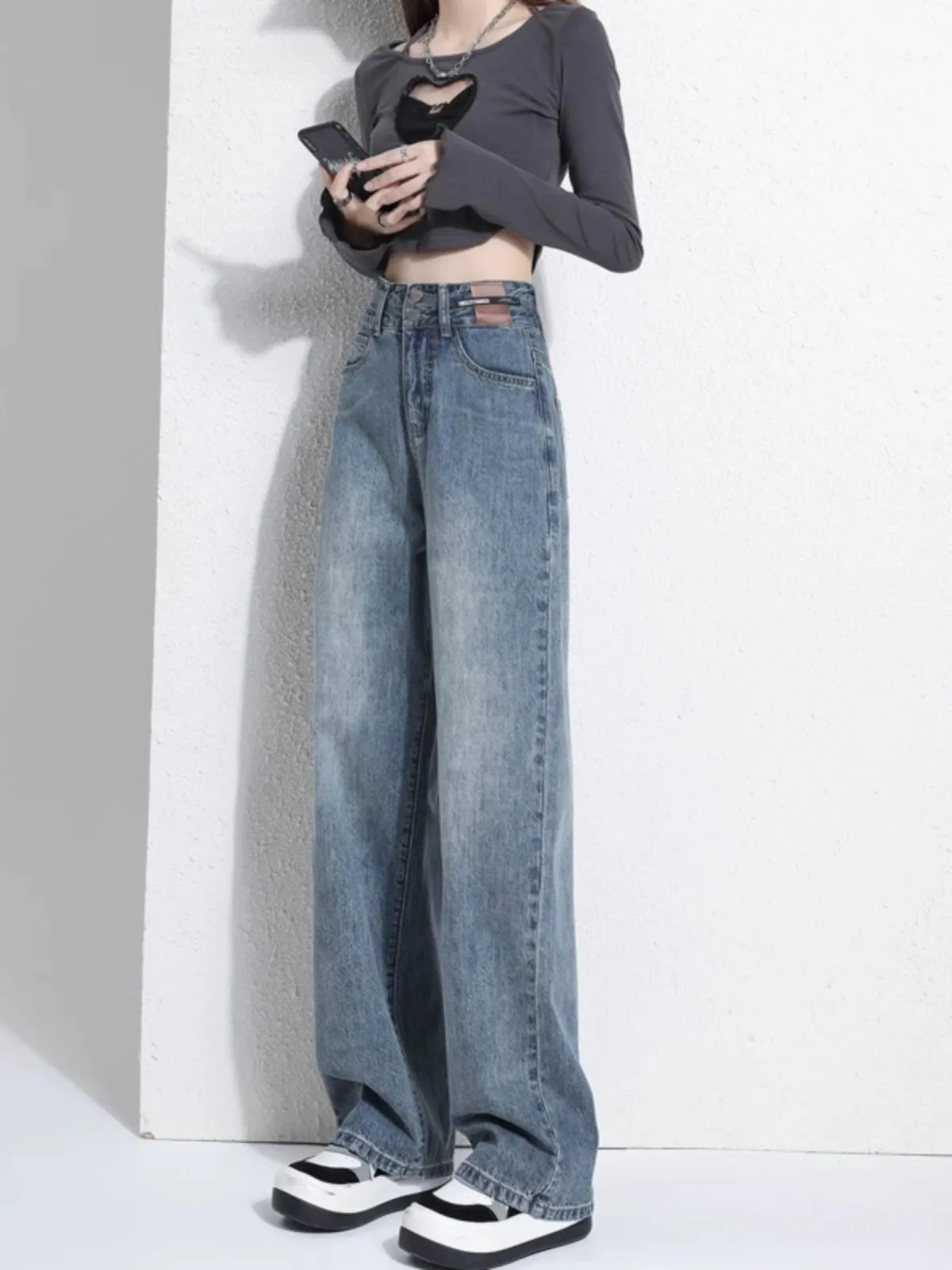 

High Waist Wide Leg Denim Jeans Women Loose Slimming Summer New Vintage Straight Drapey Floor-Length Pants Cotton Polyester B...