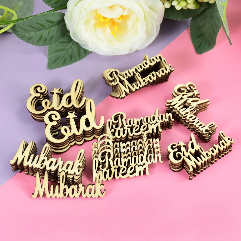 15/30/60pcs Wooden Letter Eid Mubarak Ramadan Kareem Wood Slices For Islam Muslim Festival Party Supplies 2024 Eid Al-Fitr Deco