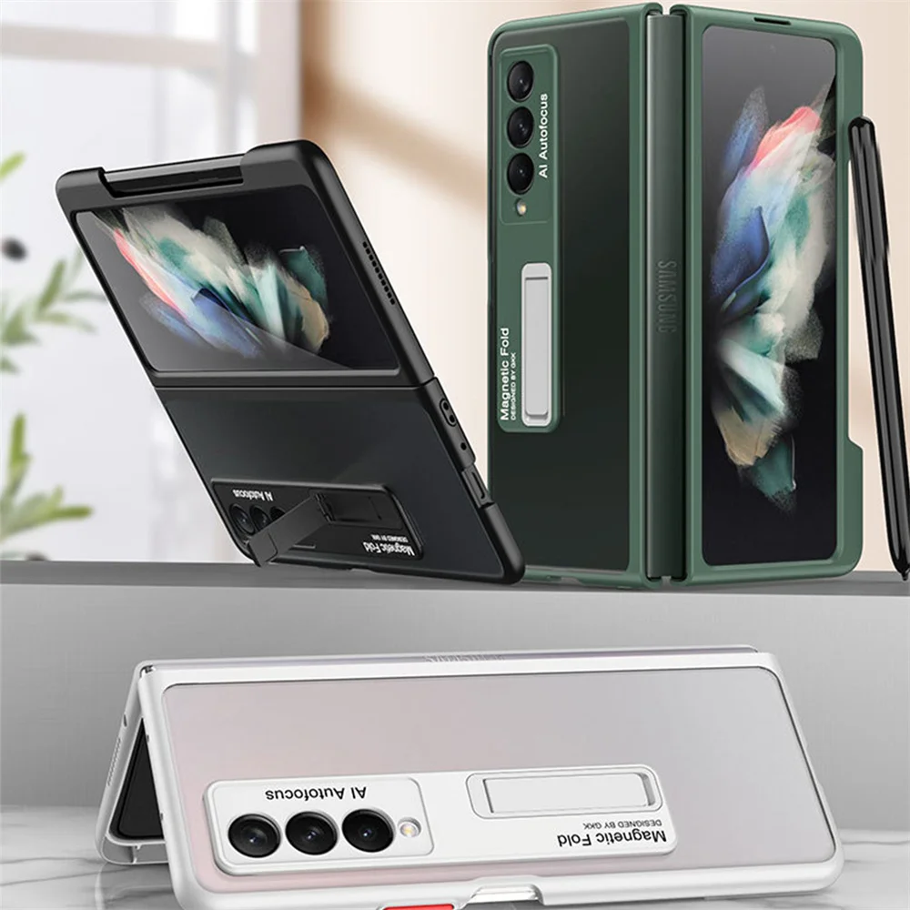 1pc Folding Screen Phone Case Full Coverage Anti-Drop Case with Pen Slot For Samsung Galaxy Fold 3 Back Shell with Stand