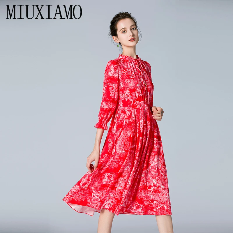 

MIUXIMAO 2022 High Quality Spring/Summer Elegant Dress Three Quarter Sleeve Print Elastic Waist Fashion Long Dress Women Vestide