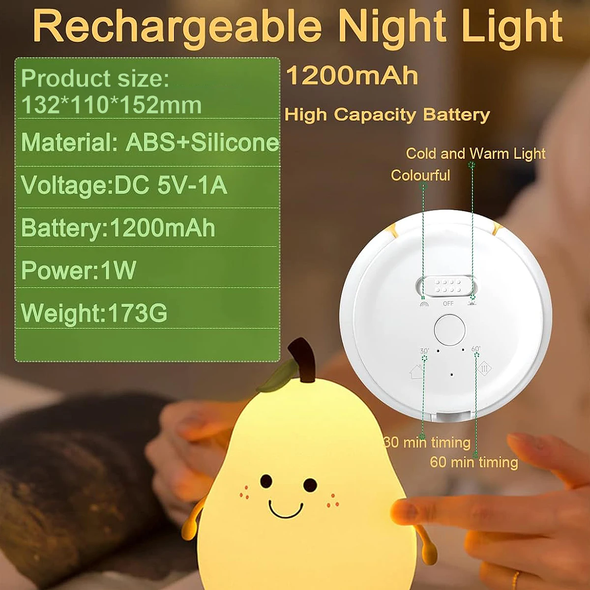 Dimmable Night Lights 7 Colors Nan Cute Lamp Usb Rechargeable LED Timed Auto Light Off For Kids Room Table Lamps Bedside Bedroom