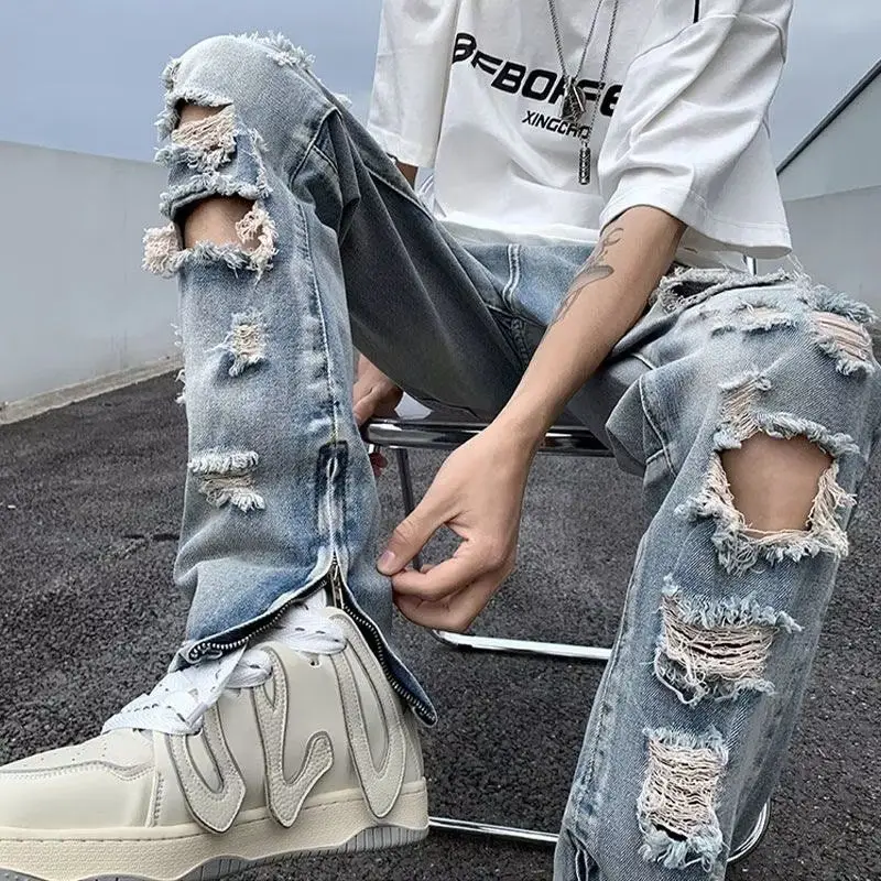 Summer American style trendy retro large ripped jeans with a design sense for men's niche Side zippered beggar's  flared pants