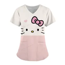 Kawaii strój pielęgniarki szoruje topy damskie Cartoon Hello Kitty nadruk kombinezon kieszonkowy kombinezon medyczny pielęgniarka bluzka