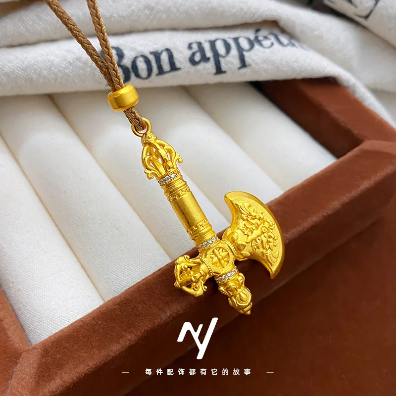 

Новый дизайн из настоящего золота 24 карата 9999, бриллиантовый кулон ваджра-сокира, плетеное веревочное ожерелье для женщин