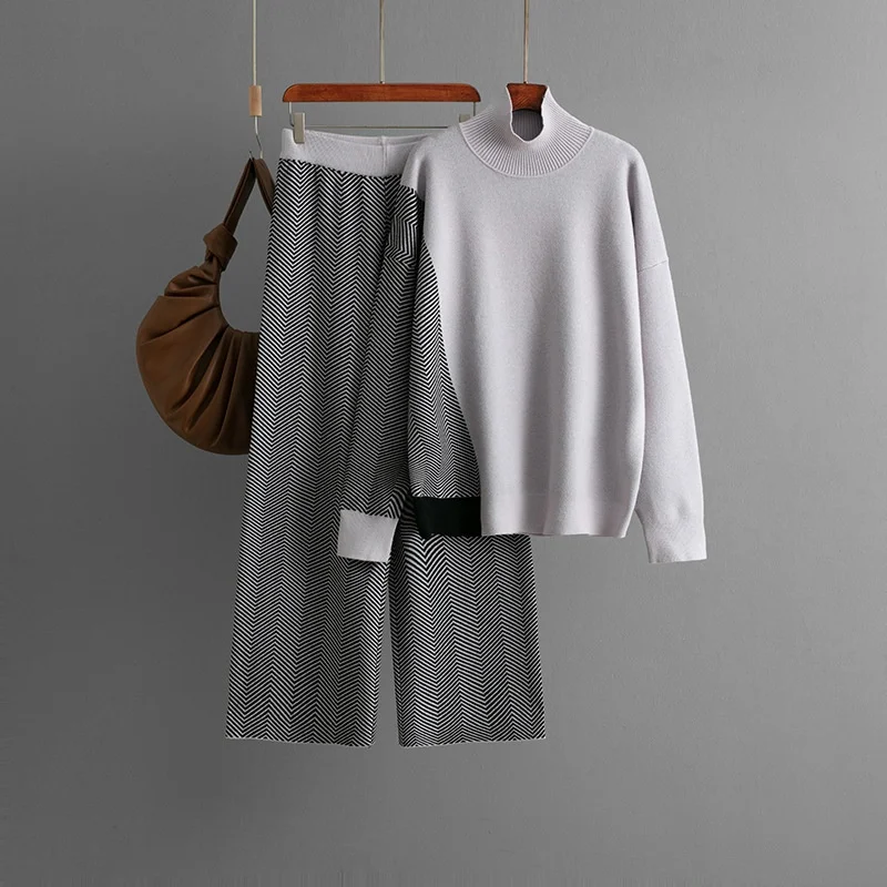 Modny, kolorowy, luźny top z dzianiny i spodnie z szerokimi nogawkami, dwuczęściowy zestaw dla kobiet, nowość, odzież transgraniczna.