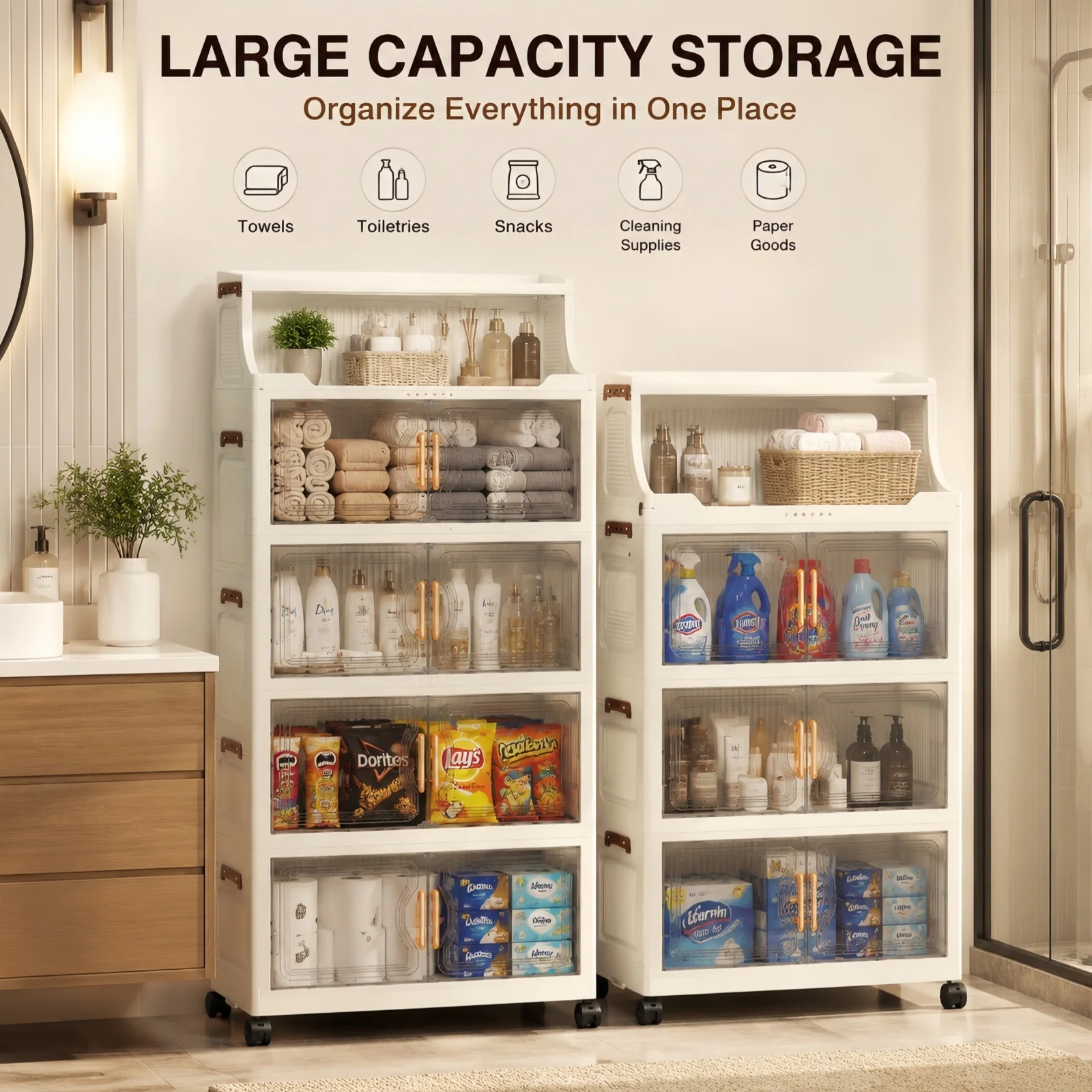 Foldable Rolling Storage Cabinet with Transparent Doors, No Tool Assembly Fold Flat Plastic Storage Organizer with 360° Wheels, Renter Friendly Storage Cart for Bathroom Kitchen Bedroom, 2/4/5/6 Layers Optional