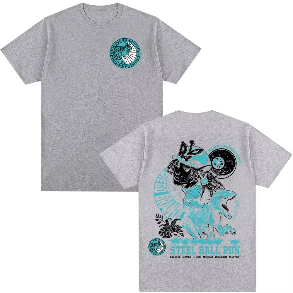 أنيمي جوجو غريب مغامرة تي شيرت الصلب الكرة تشغيل دييغو براندو مانغا الجرافيك تي شيرت الرجال النساء القطن عادية المتضخم التي شيرت