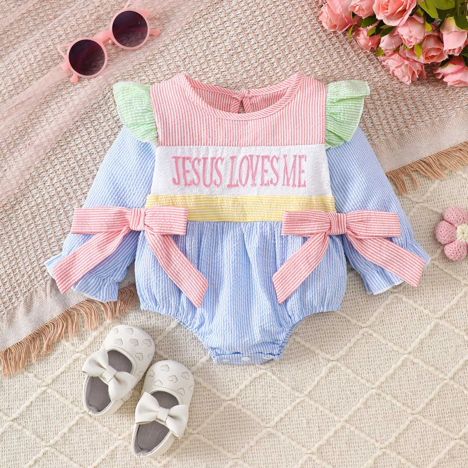 

Newborn Baby Girl Romper Color Block Cute Bowknots Long Sleeve Letter Printed Bodysuit Toddler Crawling Clothes ropa de bebé