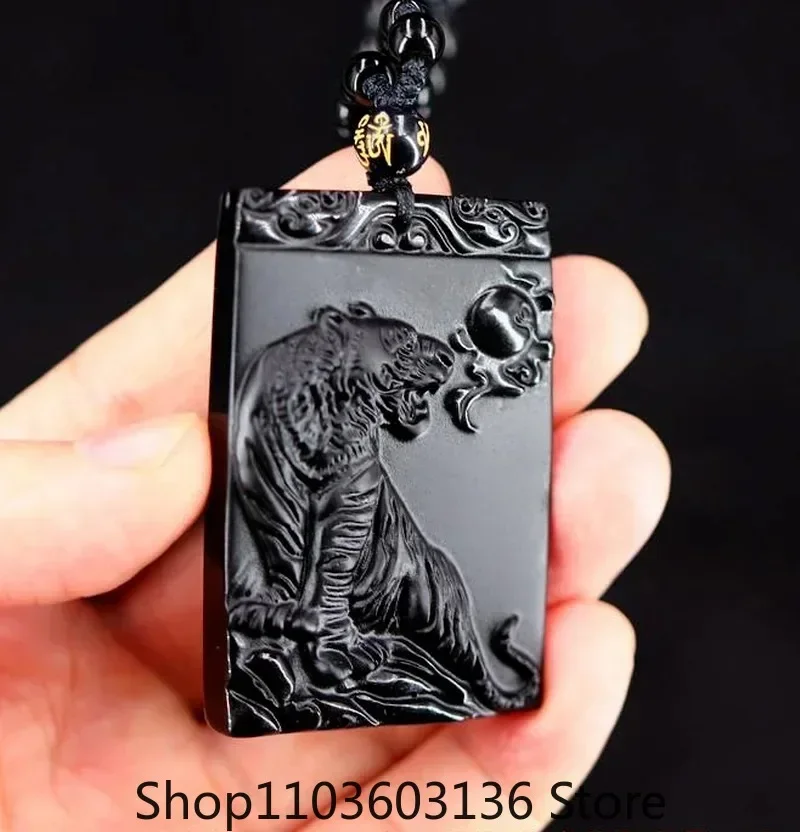 

Natural Black Obsidian Tiger Pendant Chinese zodiac Necklace Fashion Charm Jewellery Carved Pixiu Amulet Gifts for Women Men