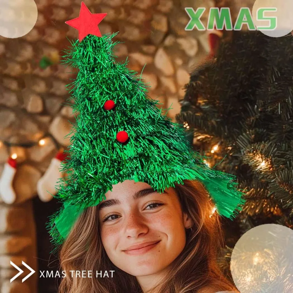 Christmas Tree Hat, Glitter Santa Cap Topper, Festive Holiday Party Headwear for Costume, Decoration & Themed Events