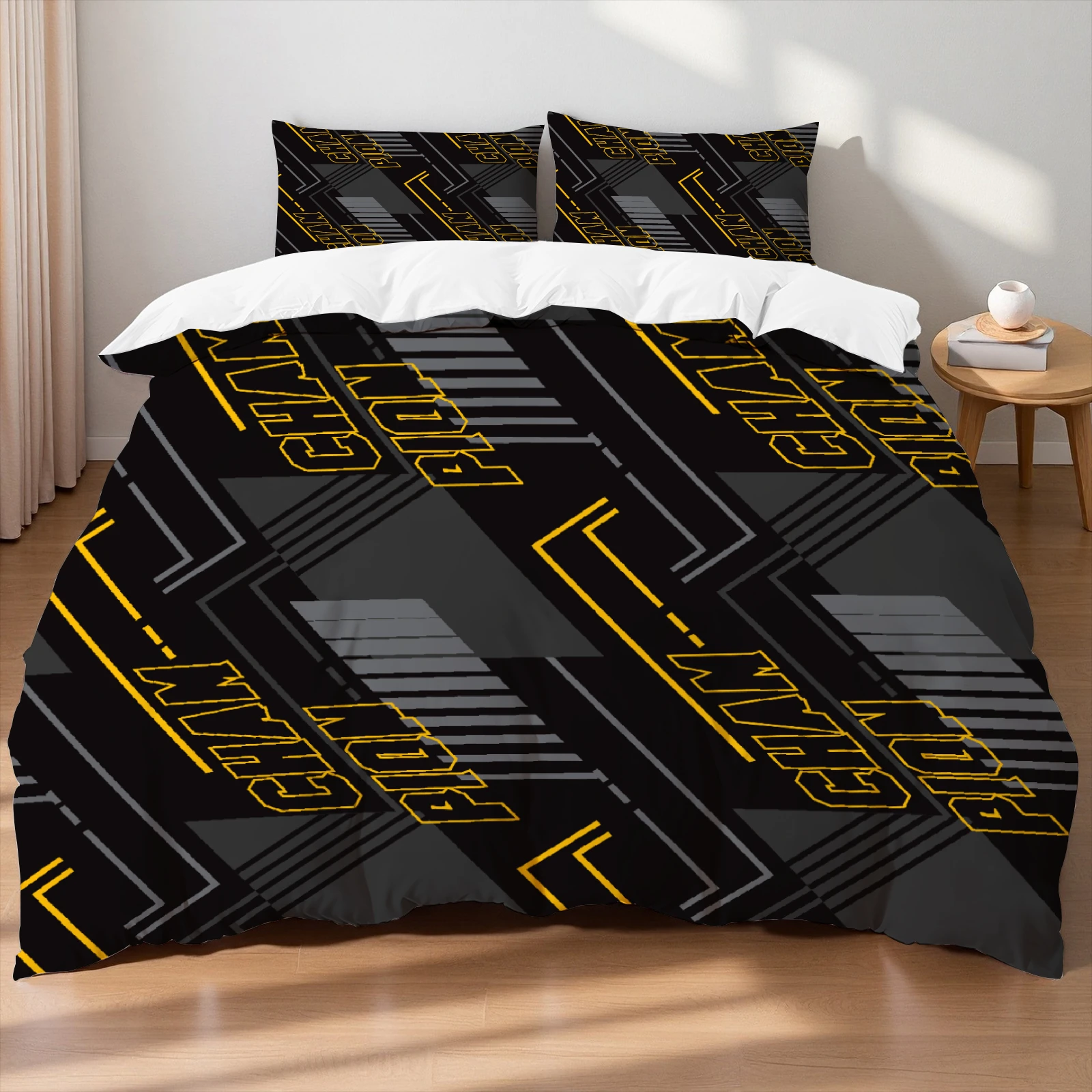 Bold Black Gold Geometric Duvet Cover Set Wrinkle-Free Fade-Resistant Stylish Striped Pattern Bedding Set For Home Bedroom
