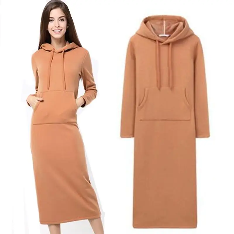 

2024 Autumn Winter Women Long Hoodie thicken Dress Solid Color Pullover Dresses with Big Pocket Casual Sweatshirt Hooded Vestido