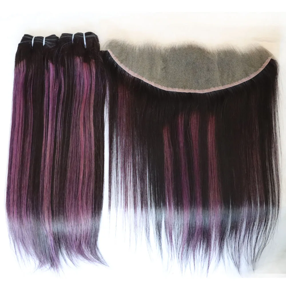 الجملة عذراء الشعر البشري تسليط الضوء على البيانو أومبير اللون 1B حزم الشعر البرازيلي الأرجواني مع إغلاق أمامي الدانتيل لكامل الرأس