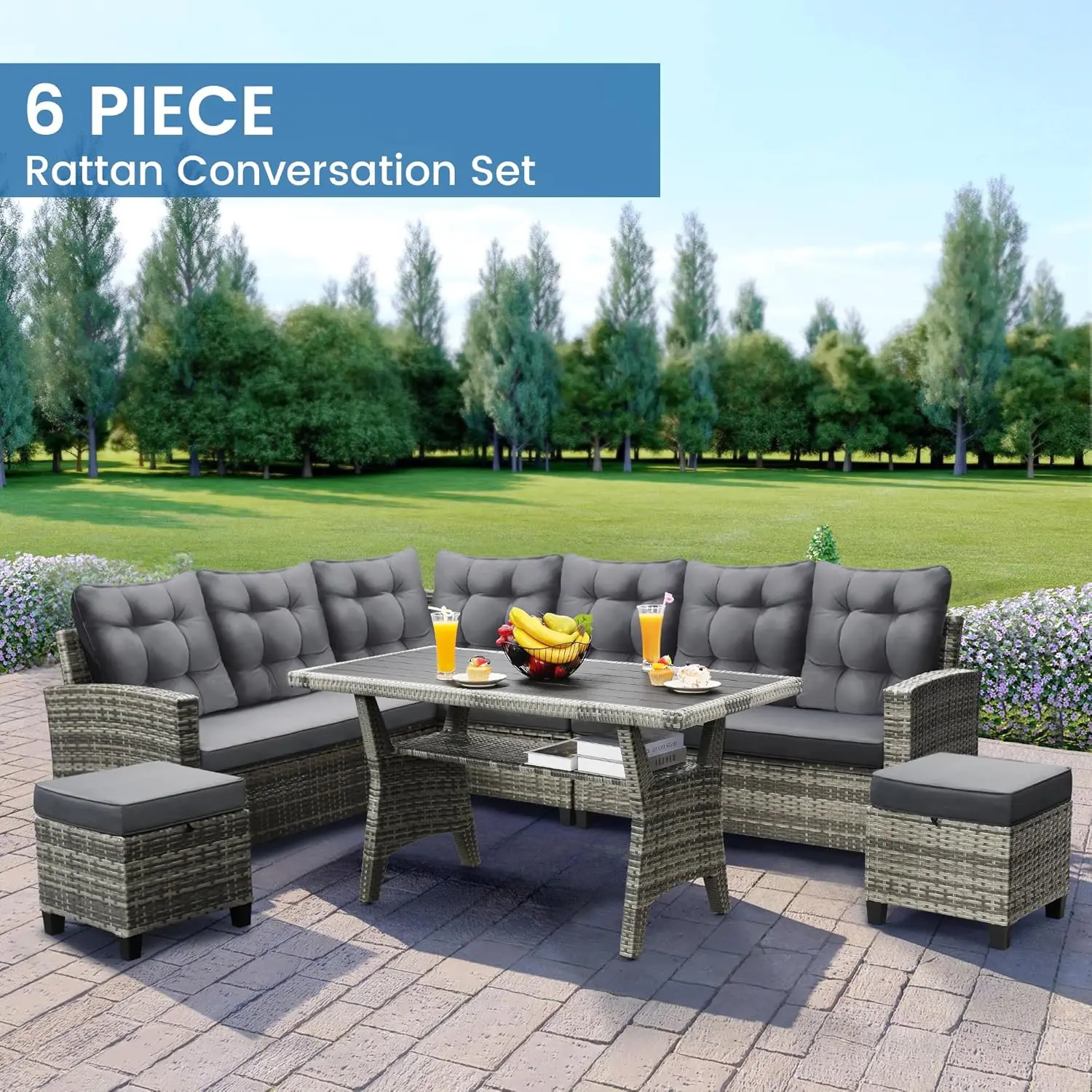 6-Piece Patio Sectional Sofa Dining Set All-Weather Removable Cushion Covers Garden Porch Backyard, Custom