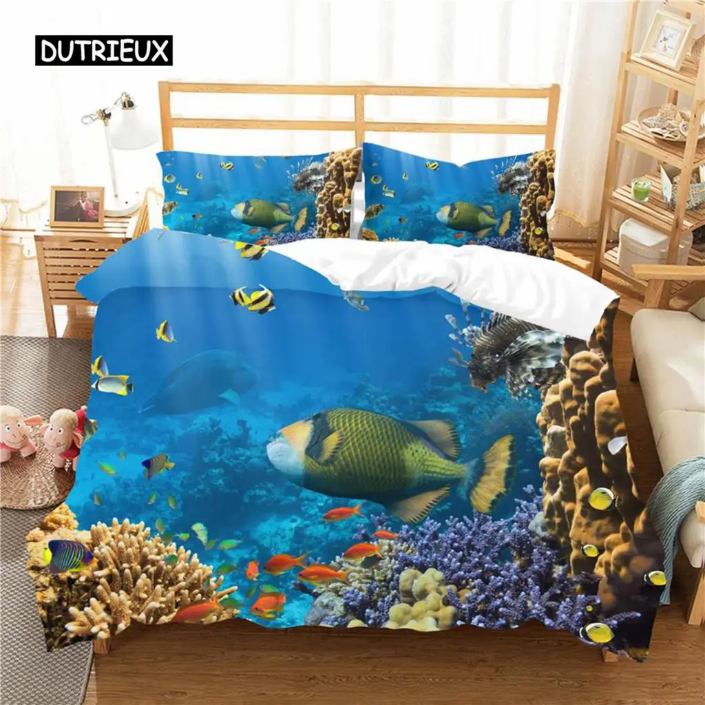 Ocean Fish Duvet Cover Set Ocean Marine Theme Twin Bedding Set Polyester Sea Underwater World Sealife Twin King Size Quilt Cover