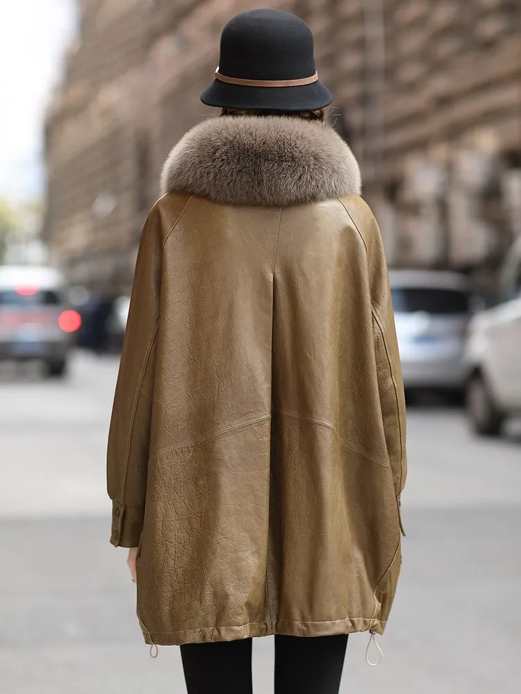 YOLANFAIRY جلد طبيعي أسفل سترة المرأة الثعلب الفراء طوق فضفاض معطف جلد الغنم المرأة سترات من الجلد ملابس السيدات أنيقة