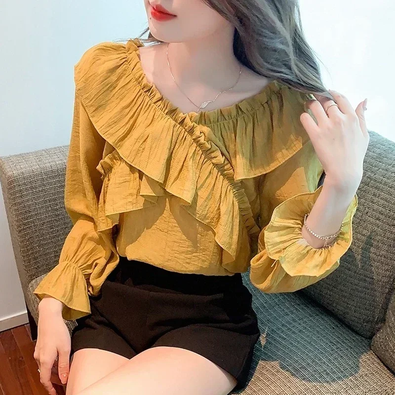 French Style V-neck Ruffled Shirt for Women Sweet Long Puff Sleeve Tops Office Lady Yellow Blouse Casual Loose Clothes 29633