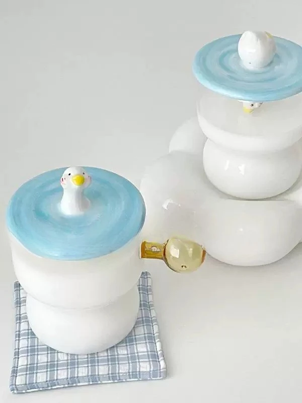 Ceramic Diving Bubbling Duck Cup Lid Cute Glass Cup Straight Handle with Large Capacity and High Temperature Resistance Gift