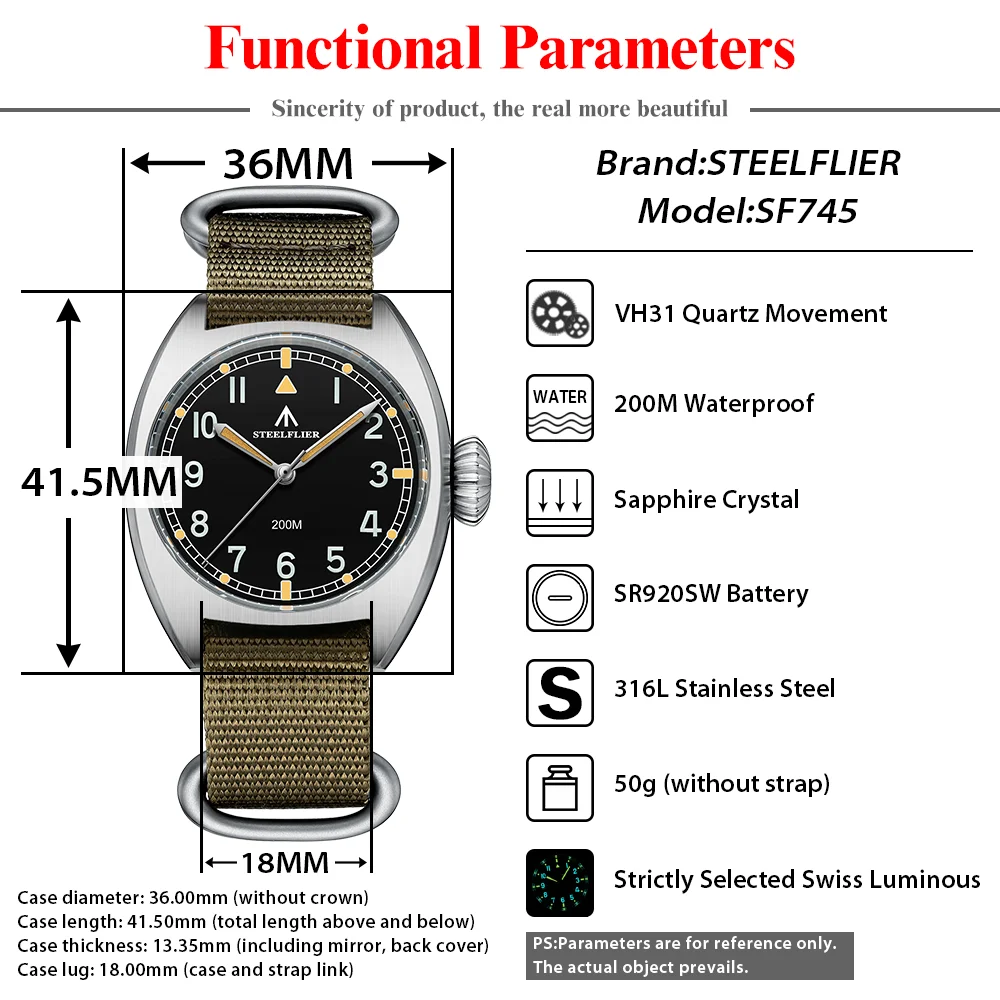 STEELFLIER Official 36MM Quartz Watch Luxury SF745 Swiss Luminous