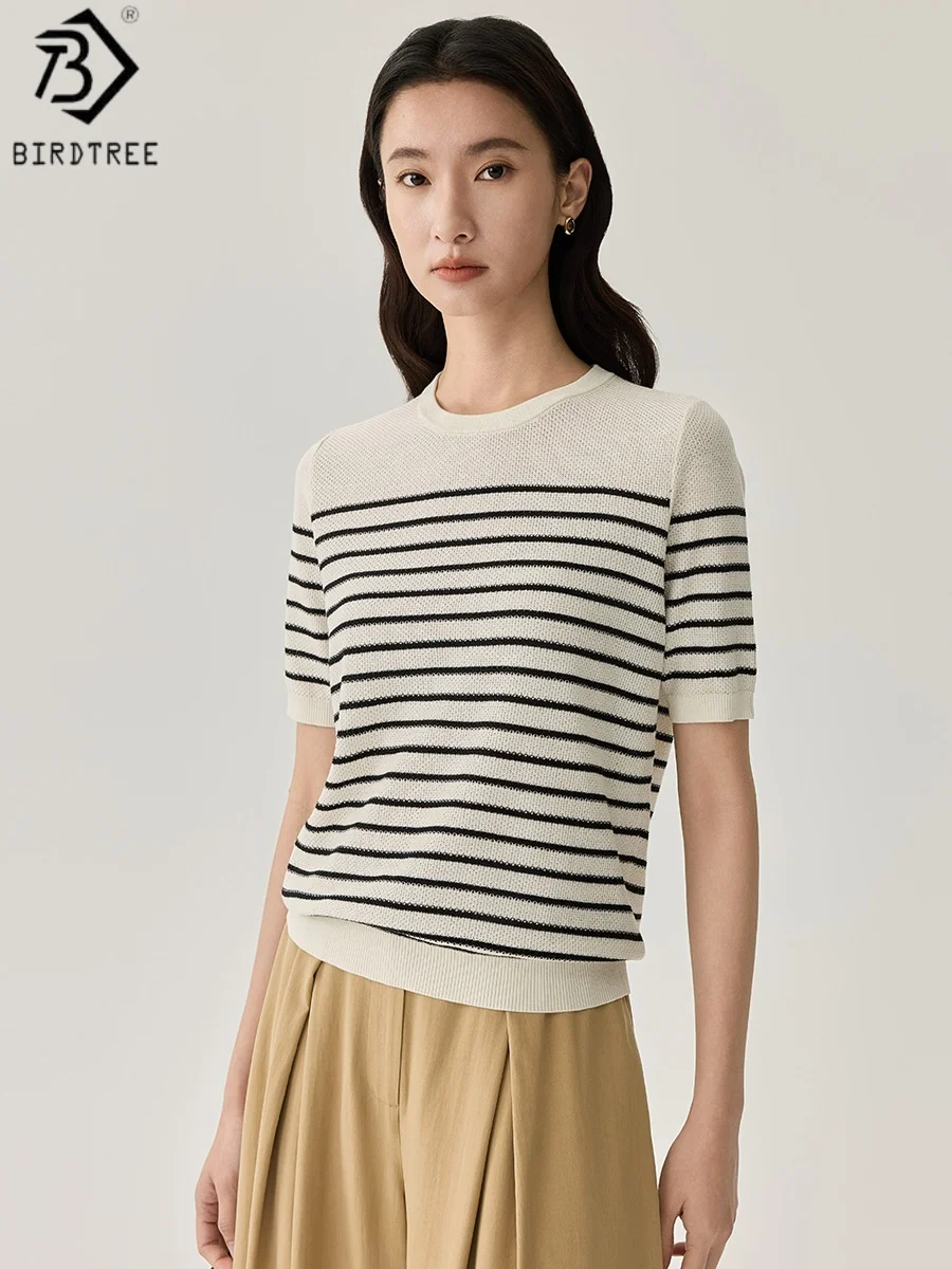 

Birdtree, 70% Silk 30% Cotton T shirt, O-neck Knitted Basics Tops, Women Short Sleeve Stripe Shirt, 2026 Spring New T62238JF