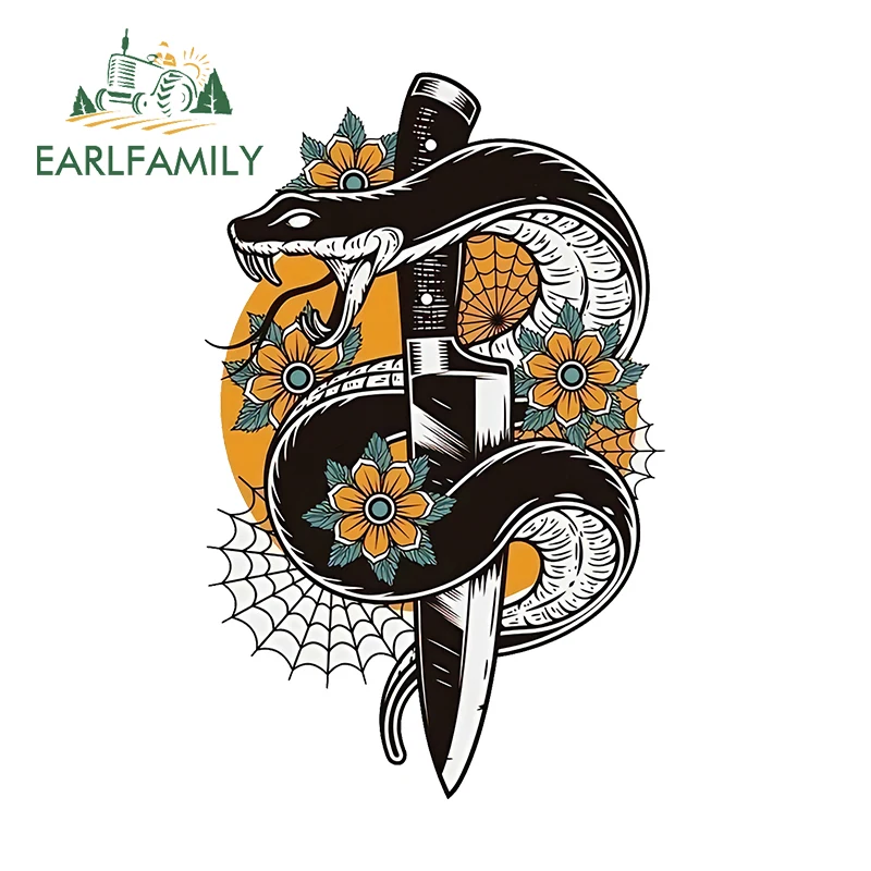 EARLFAMILY 13cm x 8.2cm Snake and Knife Car Stickers Personality Printing Vinyl Auto Decals Creative Windshield Car Styling