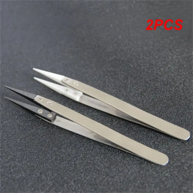 Pinset keramik Stainless Steel, 2 buah pinset ujung melengkung lurus keramik anti panas