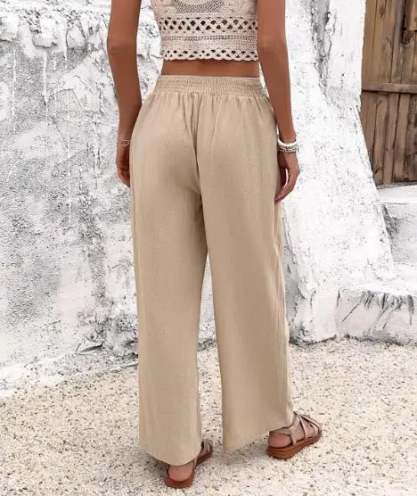 سراويل نسائية فضفاضة، كاجوال صيفي بسيط مزين بأزرار، سراويل واسعة الساق عالية الخصر ومتعددة الاستخدامات مناسبة للارتداء اليومي