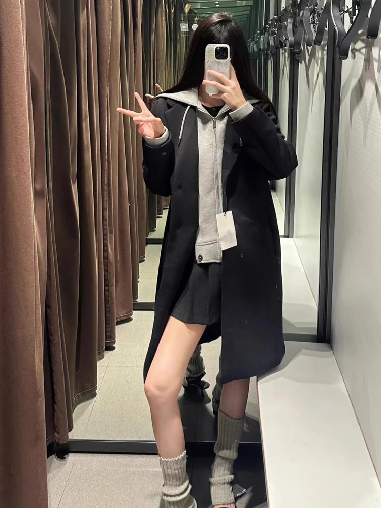 

Casual Bla Hooded Patchwork Long Sve Coat New Arrival 2025 Spring Autumn Women's Commute Sle Loose Fit Polyester Fiber