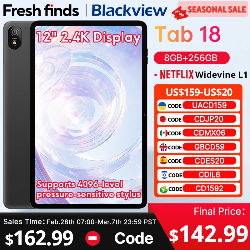 

Blackview Tab 18 Tablet 12 inch 2.4K FHD+ Display 8GB 256GB 8800mAh 33W Widevine L1 MTK Helio G99 Pressure Sensitivity Pad Pc