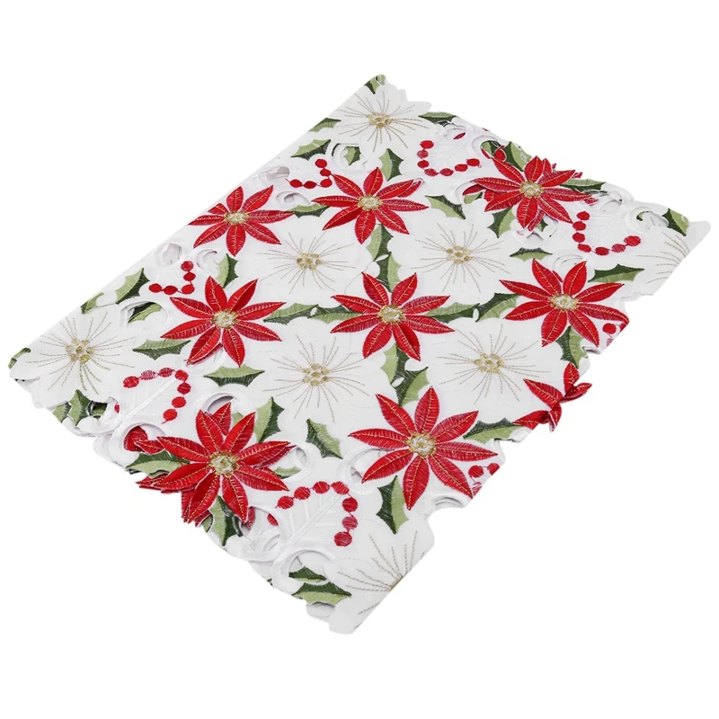 Promotion! Christmas Embroidered Table Runner, Luxury Holly Poinsettia Table Runner For Christmas Decorations, 15 X 70 Inch