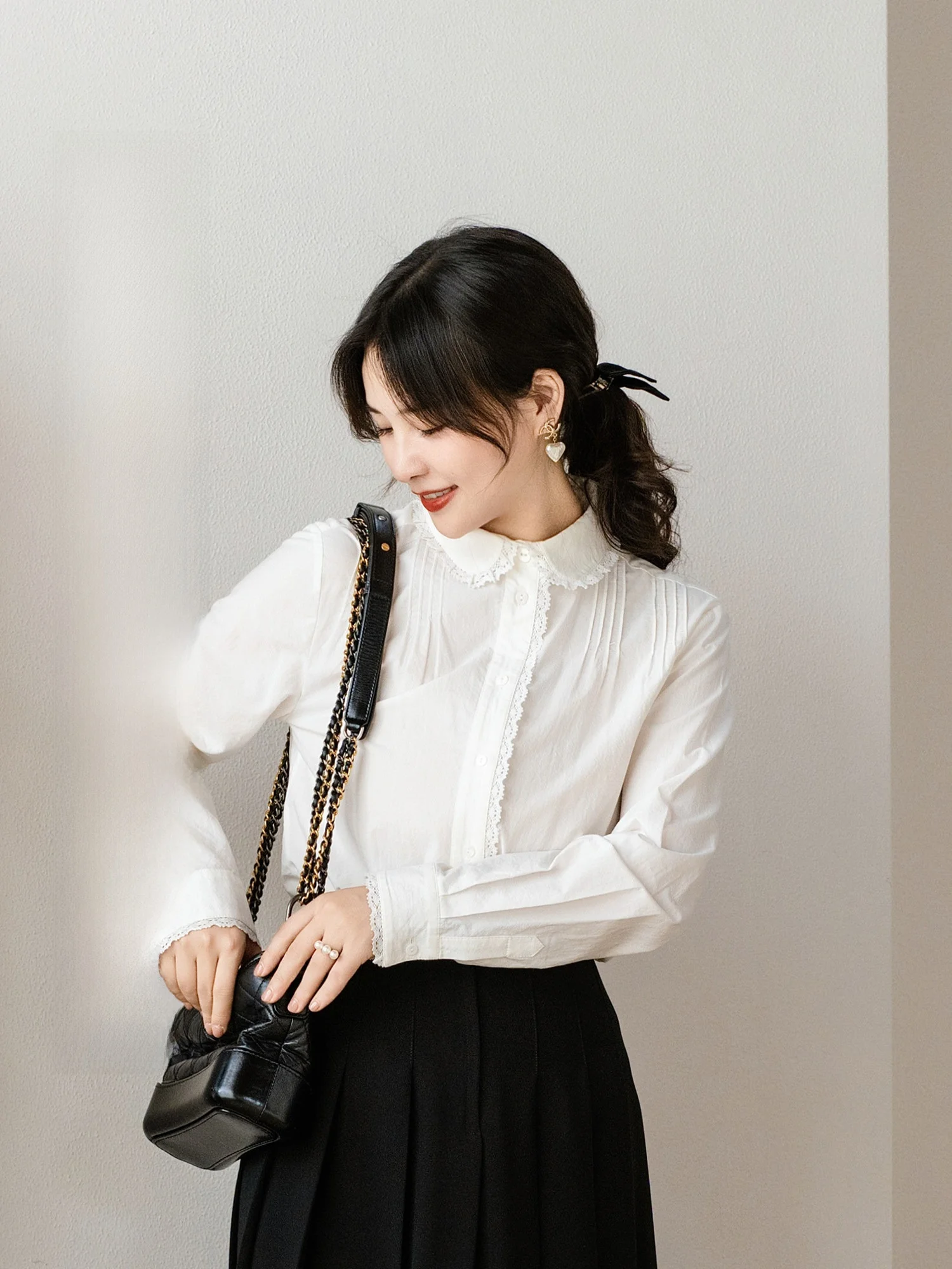 

Apipedr Silk Cotton Bamboo Fiber Long Sve Pleated Lace Collar irt Casual Sle Women's Comfortable Breathable irt