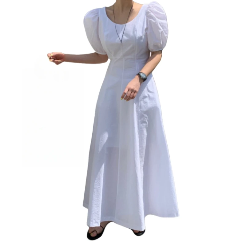 REALEFT الصيف نفخة الأكمام المرأة ألف خط فساتين طويلة 2025 جديد س الرقبة عالية الخصر النمط الفرنسي خمر فستان أبيض للنساء #6