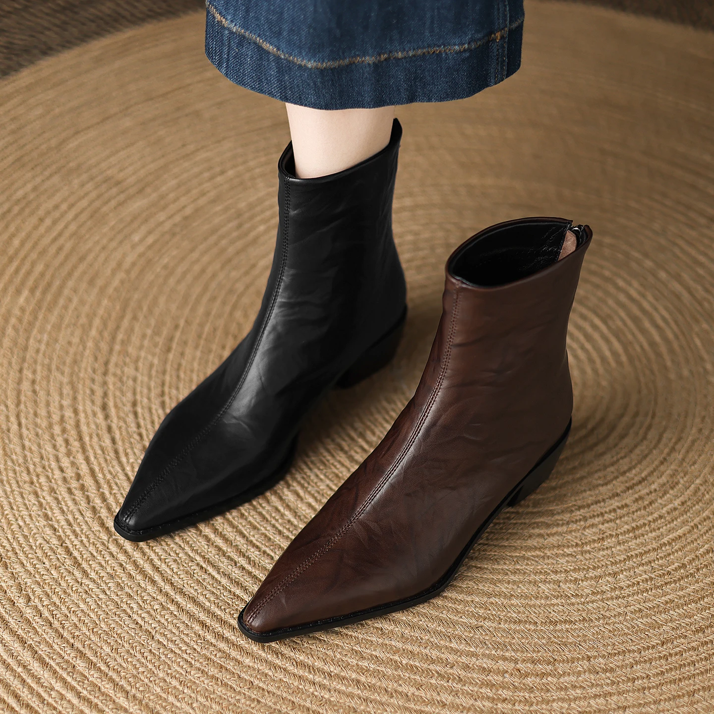 

Fashion Women Boots Genuine Leather Ankle Boots Chunky Heel Chelsea Boots Pointed Toe Casual Women Shoes Daily Office Size 34-48