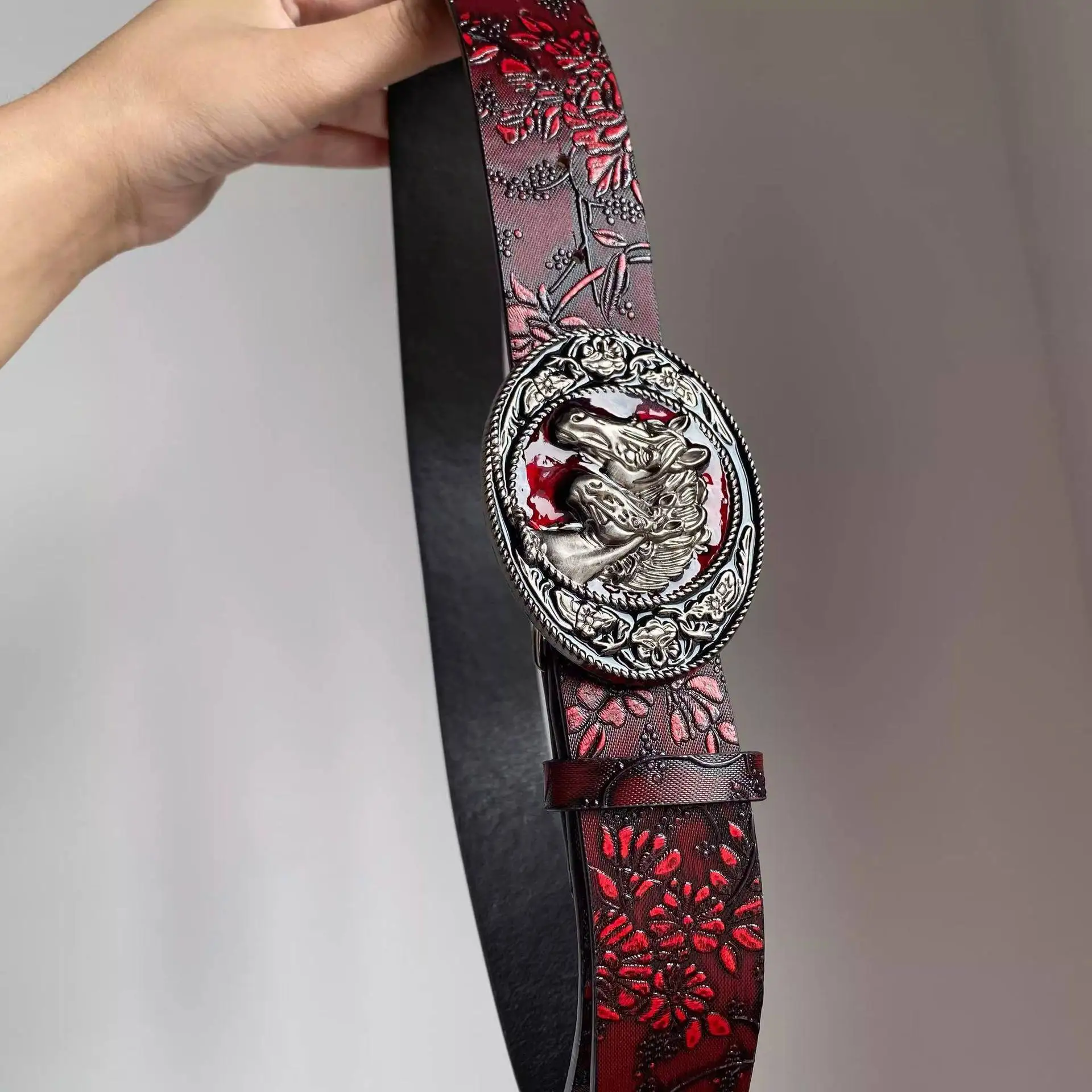 Vintage Red Floral Waist Belt Embossed Double‑horse Metal Buckle Luxury Strap All‑match Accessory For Men Jeans Daily Outfit