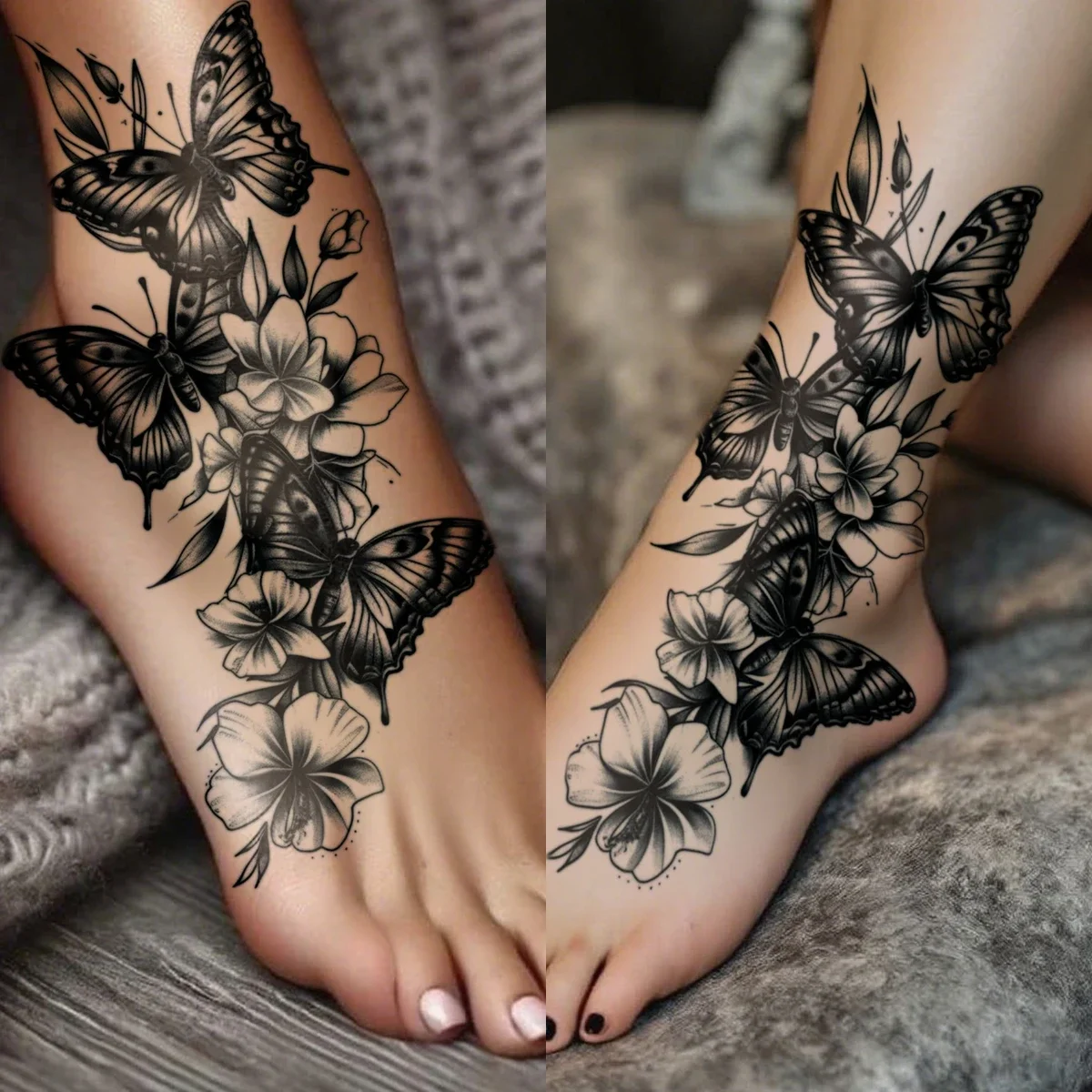 4 stücke Wasserdicht Temporäre Tattoo Aufkleber Schwarz Schmetterling Uhr Rose Lilie Pfingstrose Blume Körper Kunst Arm Gefälschte Tattoos Sleev Frauen männer