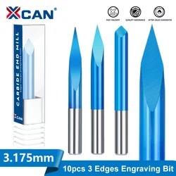 XCAN-brocas de grabado de pirámide de 3 bordes, 10 unidades, 3.175mm, vástago de carburo de extremo de 20-90 grados, punta de 0,1-0,3mm, fresadora CNC