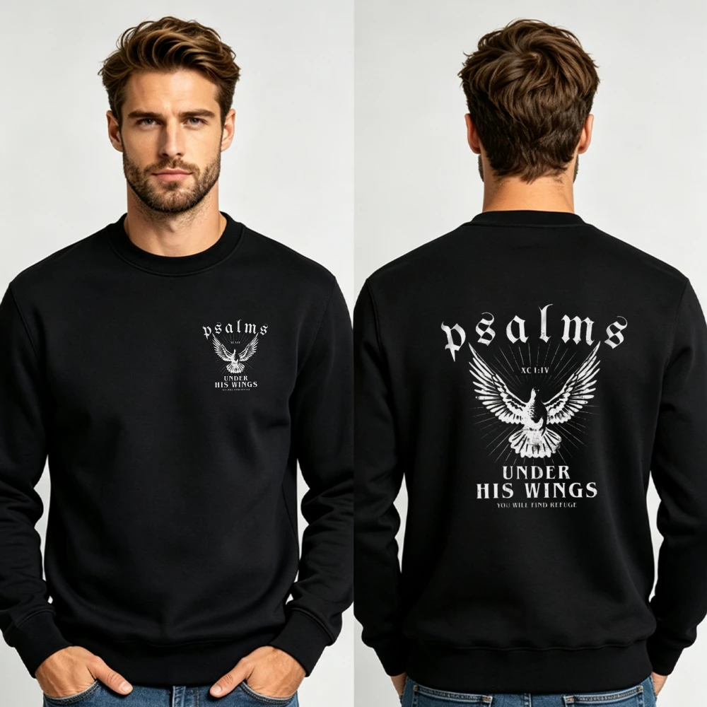 Men Double Sided Print Crewneck Sweatshirt Psalms Under His Wings Dove Bible Verse Christian Faith Loose Pullover Sweat Tops