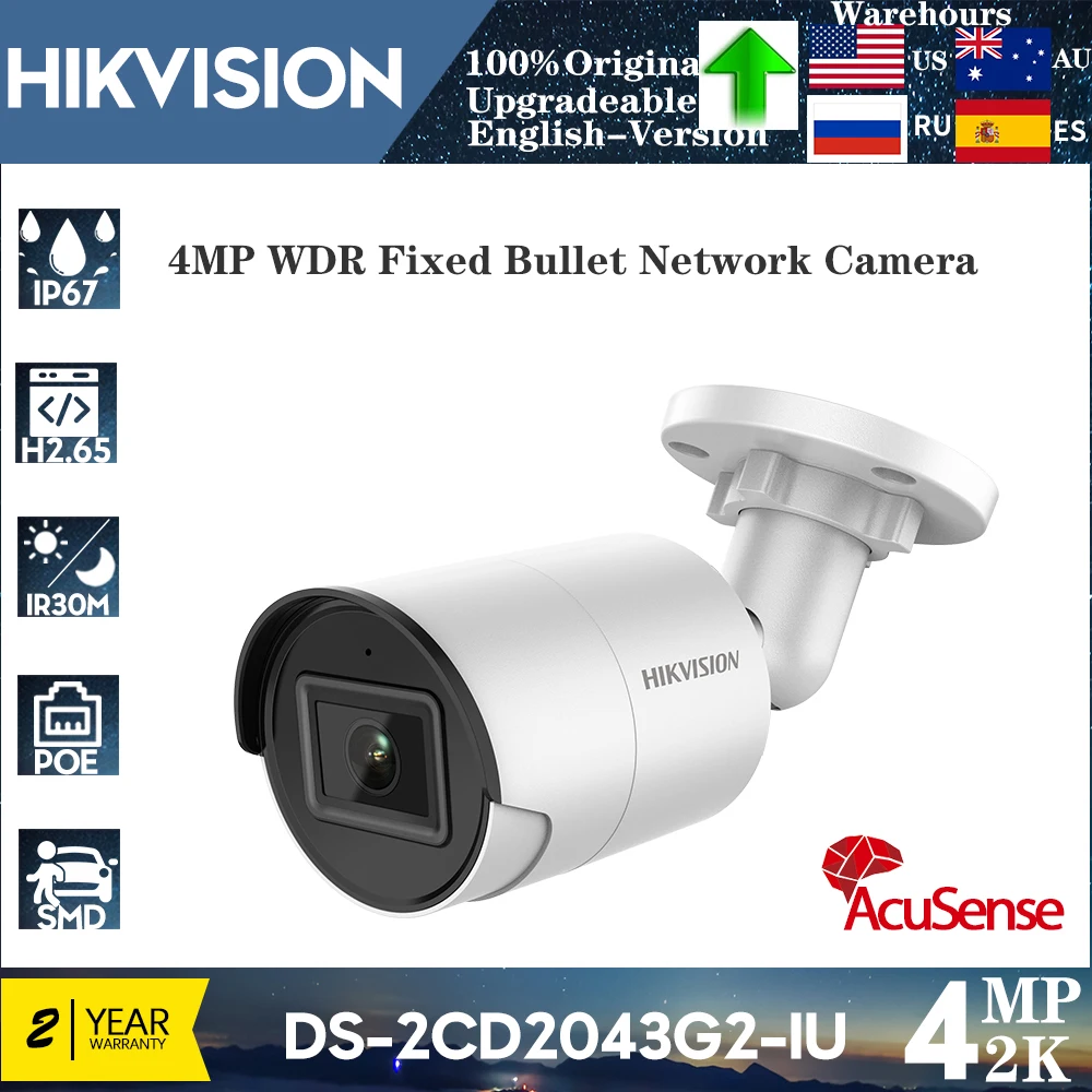 

Original Hikvision DS-2CD2043G2-IU 4MP WDR Fixed Bullet Network Camera POE IR Built-in Mic AcuSense CCTV IP Camera