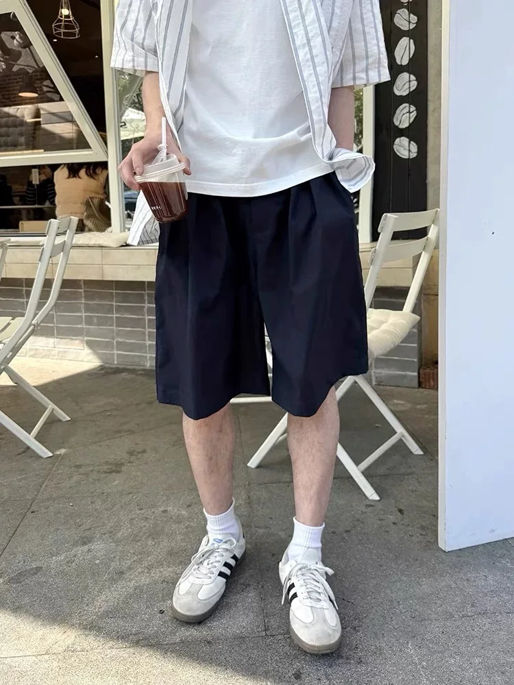 

American Retro k Blue Casual Workwear orts Men Summer Loose Pleated Design Simple Five-Point Trendy Straight Leg Pants