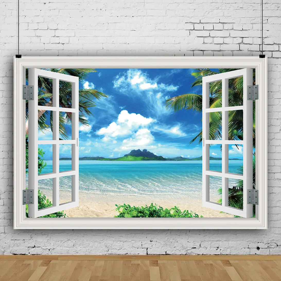 SHENGYONGBAO Window Beach Coconut Tree Photography Backdrops Props Scenery Mall Indoor Decoration Photo Studio Background HH-18