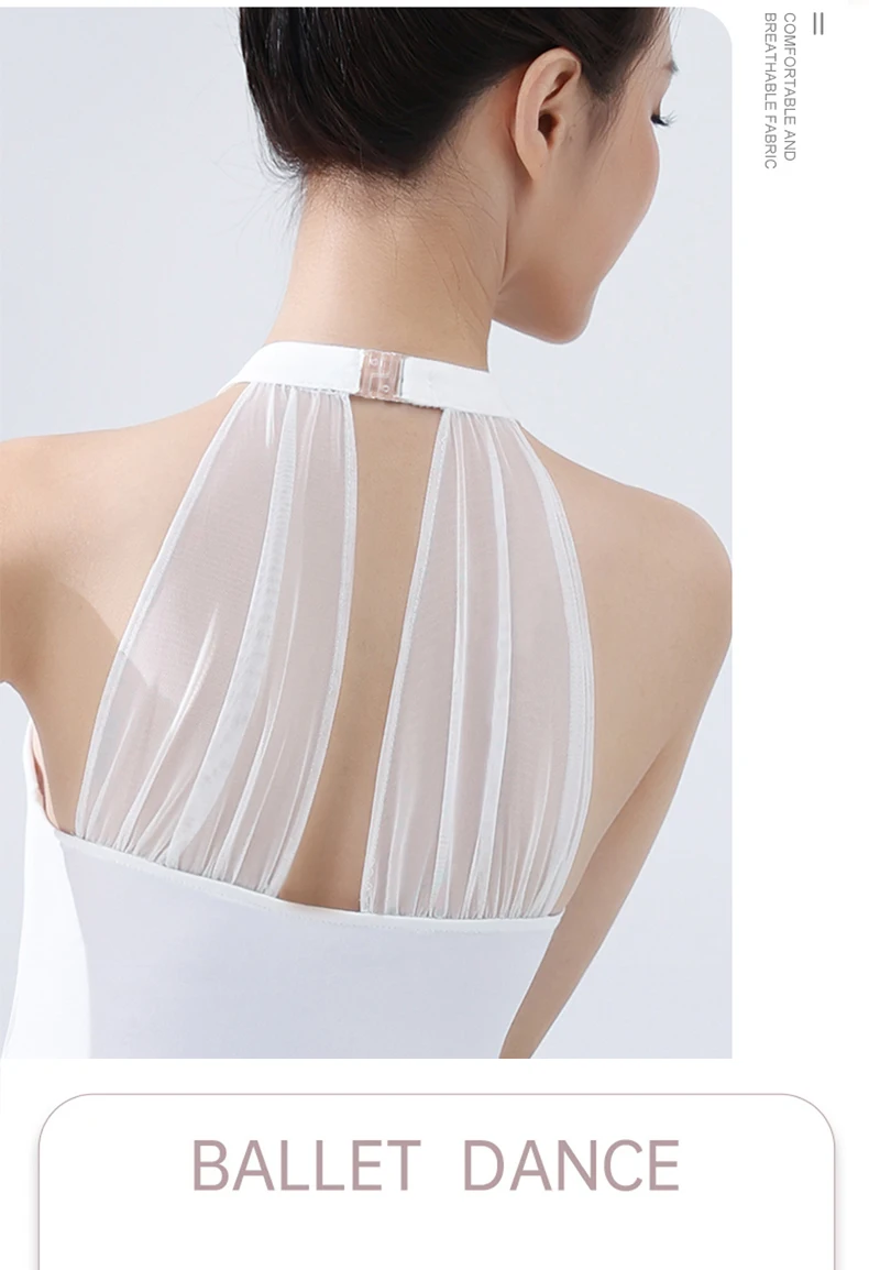 Sexy Weiß Ballett Trikot Für Frauen Erwachsene Elegante Neckholder Mesh Nähte Gymnastik Trikot Ballerina Tanz Kostüm – Detail 8
