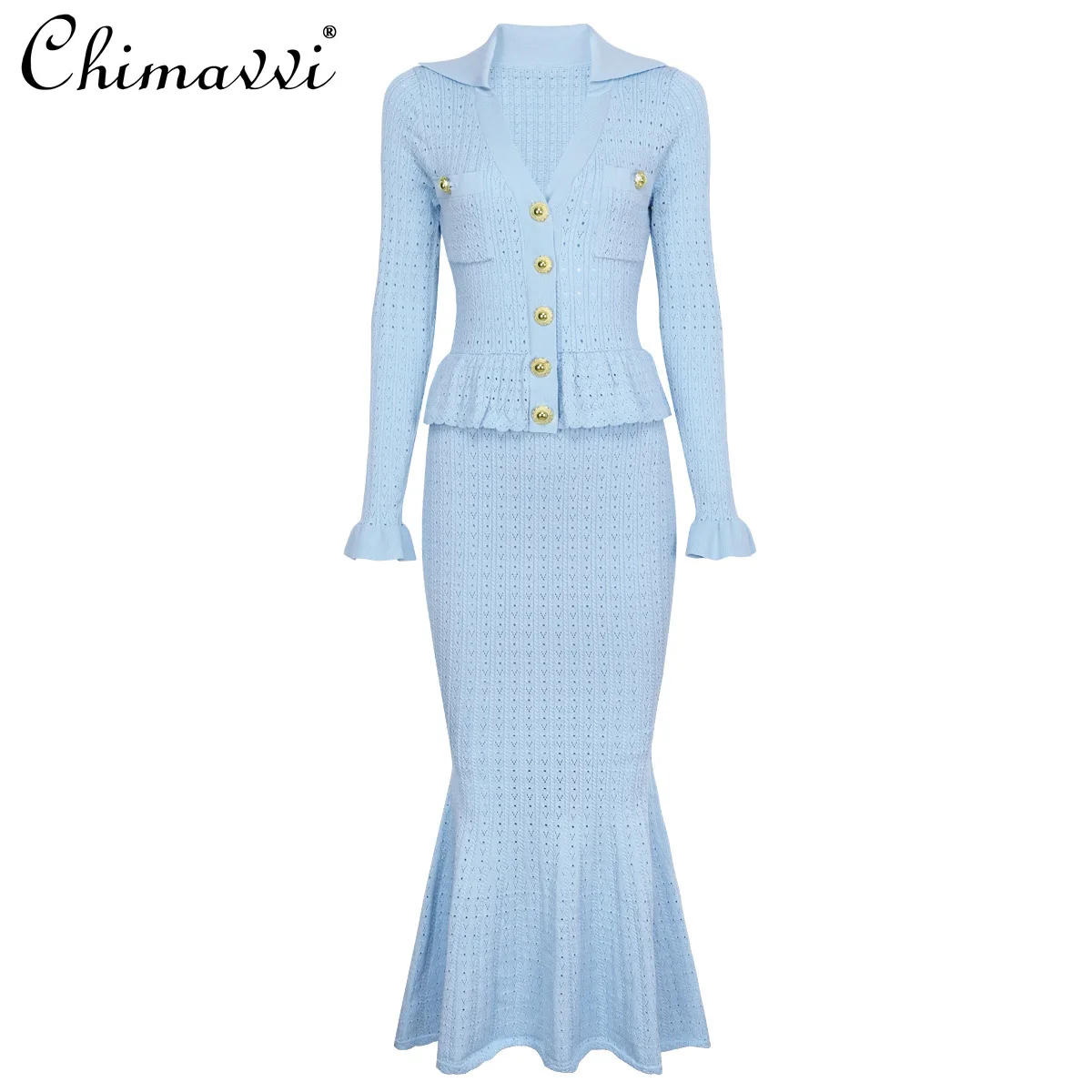 

High-End 2025 Autumn New Fashion Knitted Turn-Down Collar Slim Long Dress Long Sleeve Commuter Elegant Women's Dresses